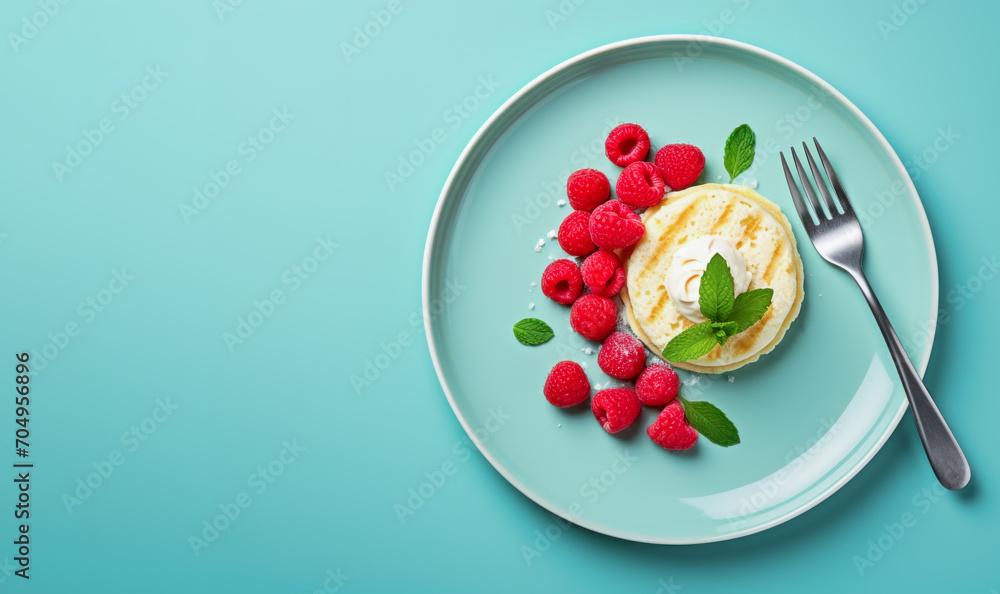 cottage cheese pancake on a plate with a handful of raspberries and ice cream. view from above. copy space - obrazy, fototapety, plakaty 