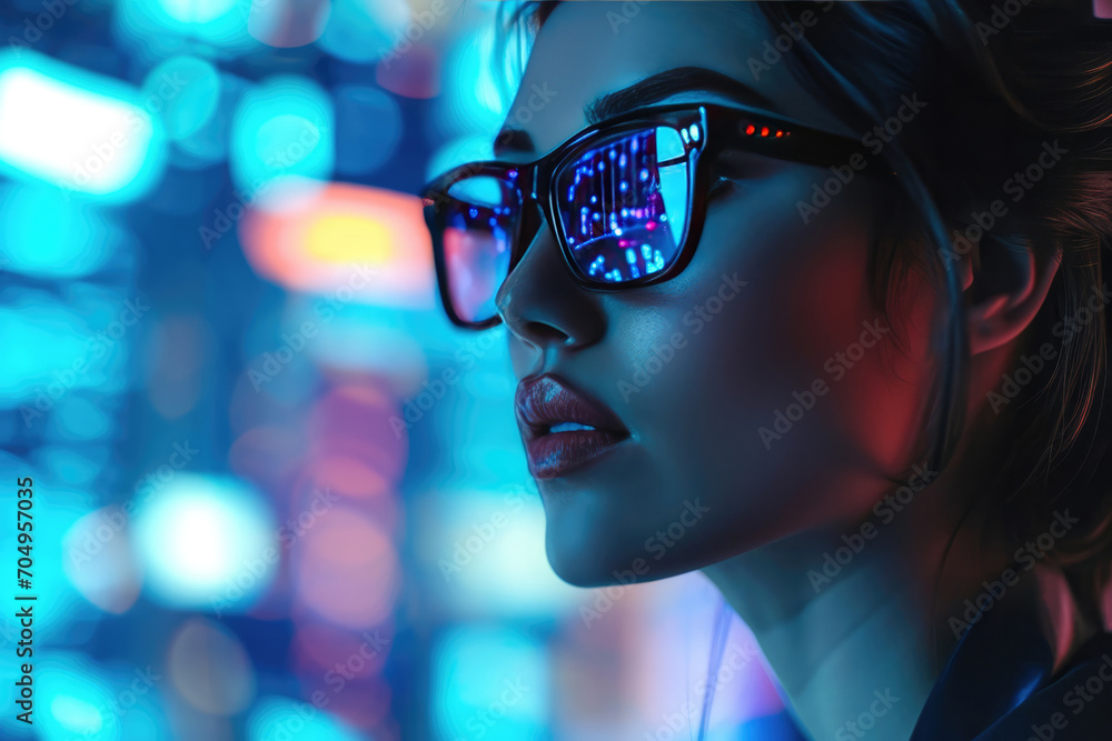 Woman Financial Analyst In Smart Glasses. Сoncept Technology In Finance, Women In Finance, Smart Glasses In The Workplace, Financial Analyst Careers, Advancements In Financial Analysis Woman Financial Analyst In Smart Glasses. Сoncept Technology In Finance, Women In Finance, Smart Glasses In The Workplace, Financial Analyst Careers, Advancements In Financial Analysis