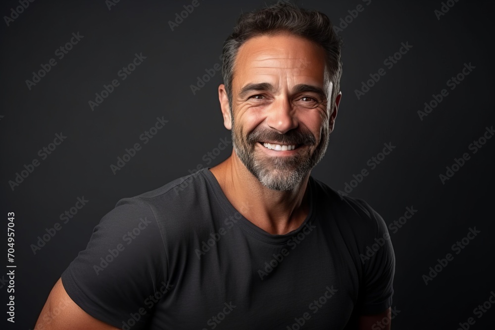Handsome middle aged man smiling and looking at the camera.