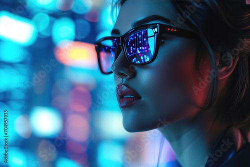 Woman Financial Analyst In Smart Glasses. Сoncept Technology In Finance, Women In Finance, Smart Glasses In The Workplace, Financial Analyst Careers, Advancements In Financial Analysis