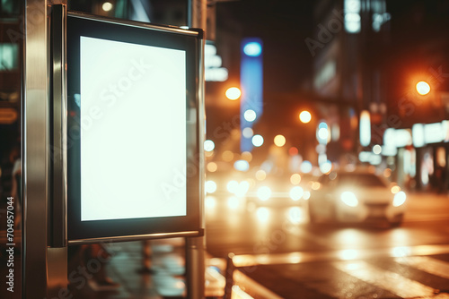 Illuminated blank billboard with copy space for your text message or content, public information board in night city with beautiful dusk on background, advertising mock up banner in metropolitan city