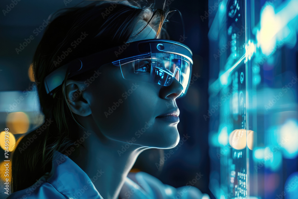 Female Manager Utilizing Smart Glasses For Information Systems. Сoncept Artificial Intelligence In Healthcare, Virtual Reality In Gaming, Drones For Aerial Photography, Sustainable Fashion Female Manager Utilizing Smart Glasses For Information Systems. Сoncept Artificial Intelligence In Healthcare, Virtual Reality In Gaming, Drones For Aerial Photography, Sustainable Fashion
