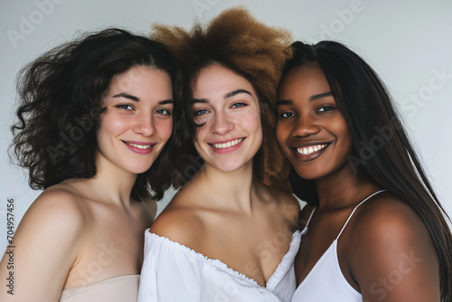 portrait of three smiling plump women of different nationalities in swimsuits, body positivity concept