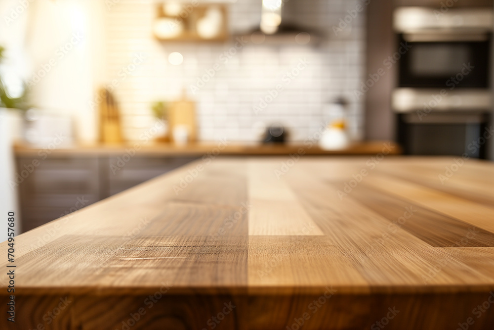 Empty wood table top and blur bokeh modern kitchen interior