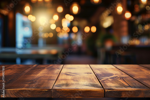 Wooden tabletop, bokeh background, blurred background of bar, cafe, restaurant