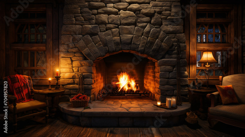 Stone fireplace with warm fire