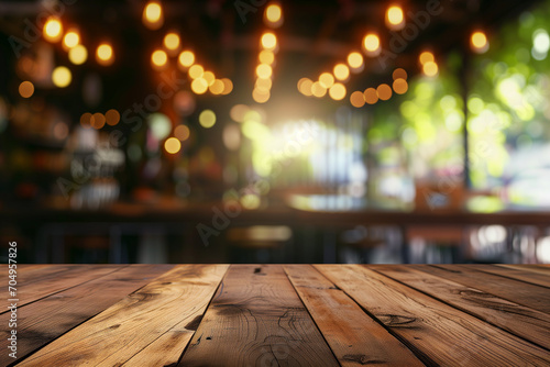 Wooden tabletop  bokeh background  blurred background of bar  cafe  restaurant