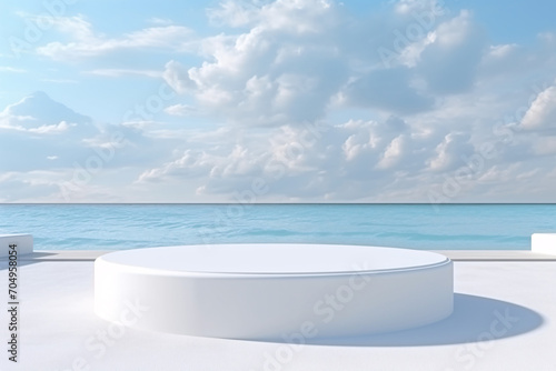 3D White Podium Beach and Sea Background