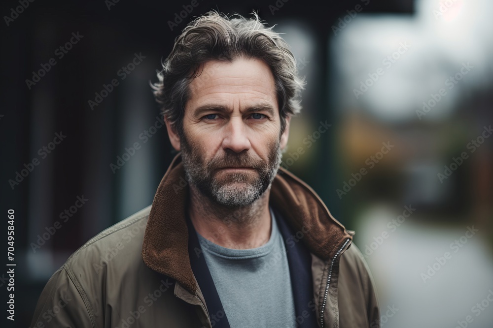Portrait of a handsome middle-aged man with grey hair and beard, wearing a brown jacket, looking at the camera. Portrait of a handsome middle-aged man with grey hair and beard, wearing a brown jacket, looking at the camera.
