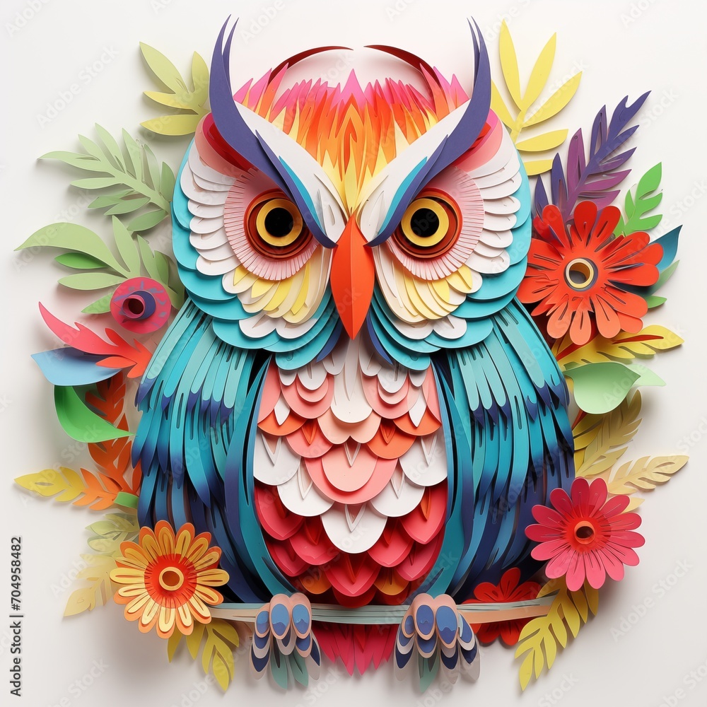 Obraz premium Vibrant kirigami owl, the colorful owl in a flower, leaf an Isolated White background of kirigami style