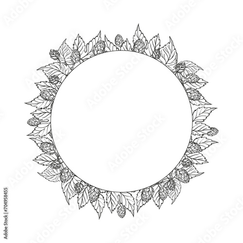 Hand drawn vector circle frame with hop plant, leaves and buds, craft beer ingredients, black and white illustration of wreath branch humulus lupulus, inked illustration isolated on white background