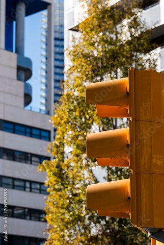 Traffic light in a modern financial district in Barcelona in Spain