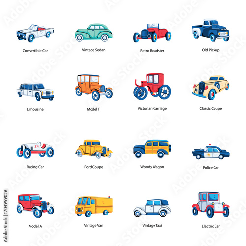 Collection of Vintage Vehicles Flat Icons 


