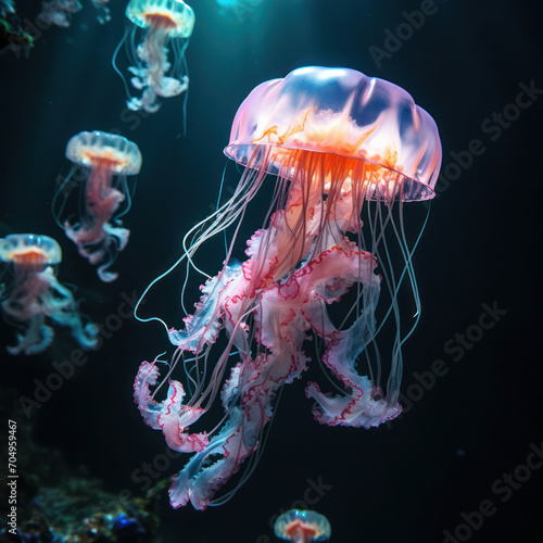 Glowing Jellyfish Underwater: A Colorful Abstract of a Majestic Marine Creature, Floating Gracefully in a Transparent Blue Aqua Background.