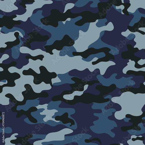 Military camouflage seamless blue background, repeat pattern, vector