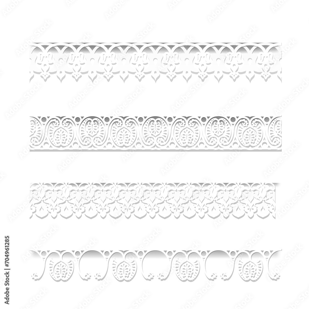 Set of white seamless lace borders with shadows, ornamental paper lines,