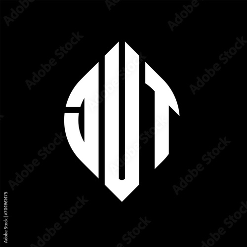 JUT circle letter logo design with circle and ellipse shape. JUT ellipse letters with typographic style. The three initials form a circle logo. JUT circle emblem abstract monogram letter mark vector.