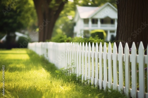  a close up of a white picket fence with a fence post in the background and a fence post in the foreground with a white picket fence post in the middle and a fence post in the middle.