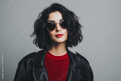 Portrait of beautiful young brunette woman in black leather jacket and sunglasses.
