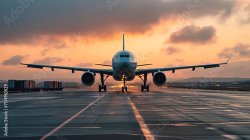 Passenger plane standing on the runway in the evening