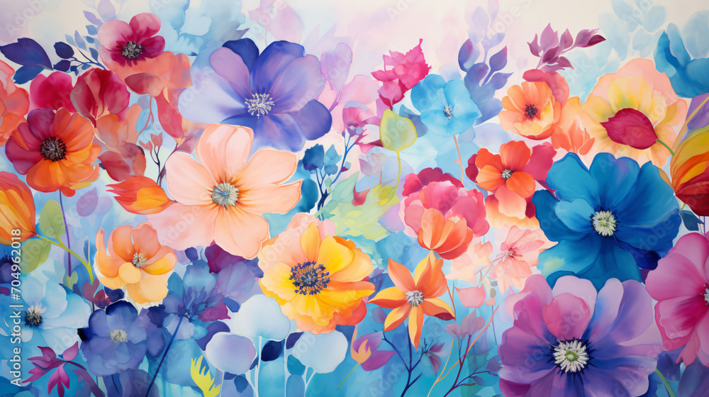 Watercolor paint multicolor flowers as background