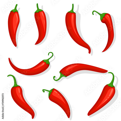 Fresh red hot chili pepper. Kitchen organic spicy taste chili mexican pepper set of three cartoon peppers isolated on white photo