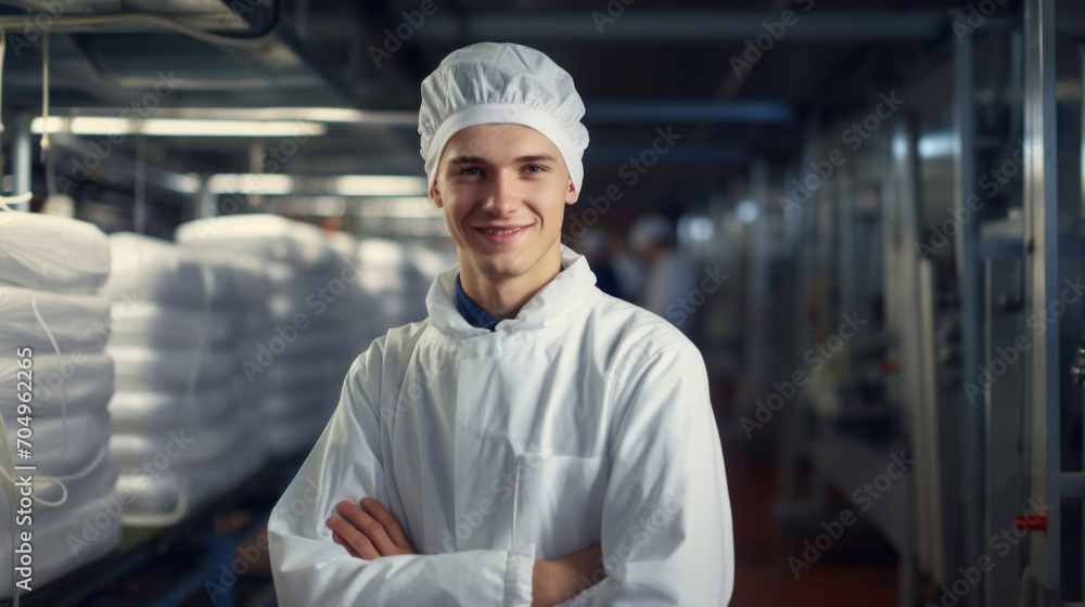 Portrait of young male worker standing with arms crossed in modern factory