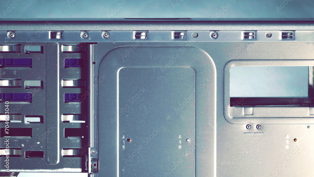 Metal computer case close-up. Computer Accessories Conception. Digital Wallpaper Metal computer case close-up. Computer Accessories Conception. Digital Wallpaper