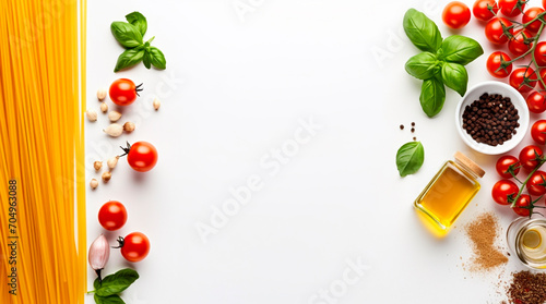 Composition with pasta and cooking ingredients on white background  top view