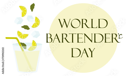 International Bartenders Day banner. 6 February. Template for background, card, poster. Vector Flat illustration. Alcohol cocktail with lime slice, Ice cubes and Drinking straw. World professional day