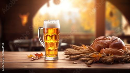 Glass of beer with bread and wheat ears on wooden table in pub