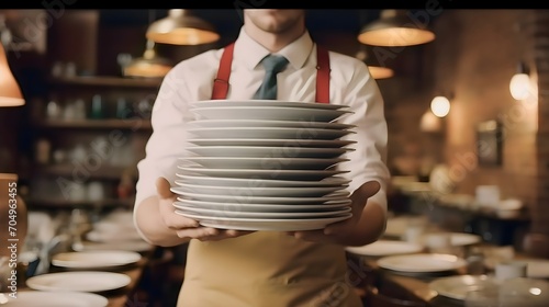 Stack of plates in the hands of a waiter 