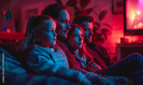 Full family watching TV seated relaxing on sofa at home. Leisure, pastime concept photo
