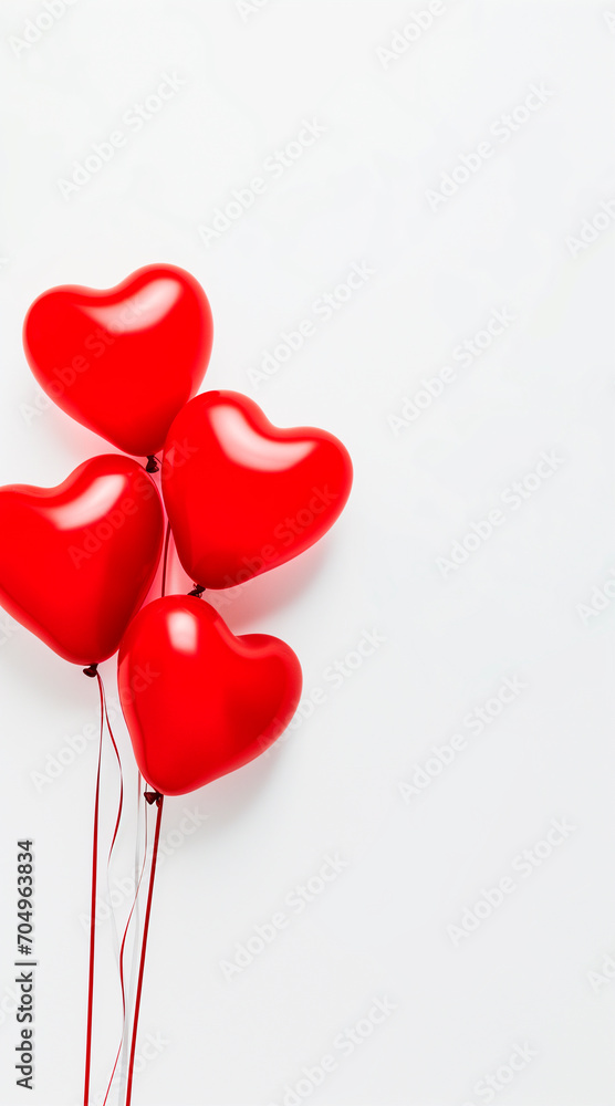 Red heart shaped balloons on white background, flat lay with space for text. Saint Valentine's day celebration