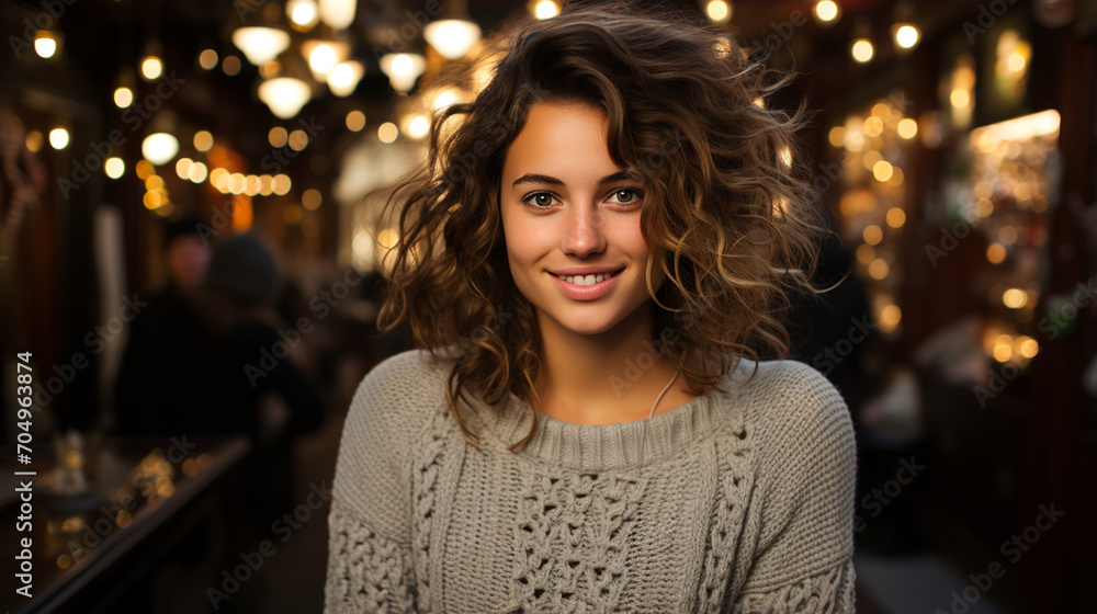 Portrait of a girl with brown hair and eyes wearing a light-colored knitted sweater sitting smiling in a restaurant. Young latin woman looking at the camera in a bar. Background with copy space. Portrait of a girl with brown hair and eyes wearing a light-colored knitted sweater sitting smiling in a restaurant. Young latin woman looking at the camera in a bar. Background with copy space.