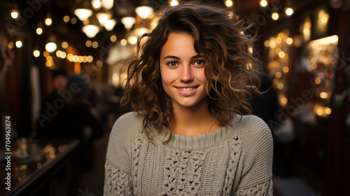 Portrait of a girl with brown hair and eyes wearing a light-colored knitted sweater sitting smiling in a restaurant. Young latin woman looking at the camera in a bar. Background with copy space.