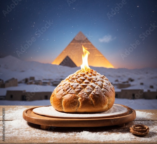 Pyramid of Khafre and a loaf of bread on a wooden board