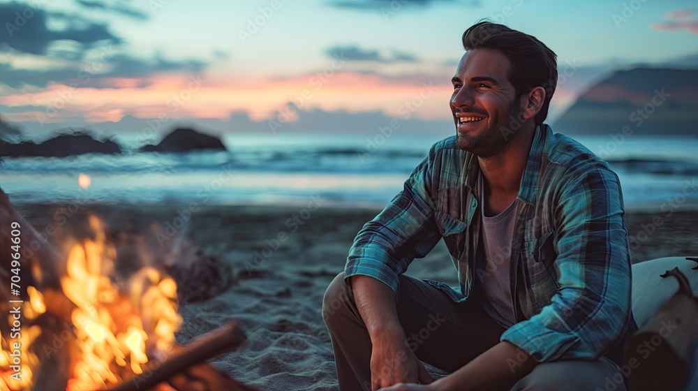 Happy man in front of a campfire in the evening