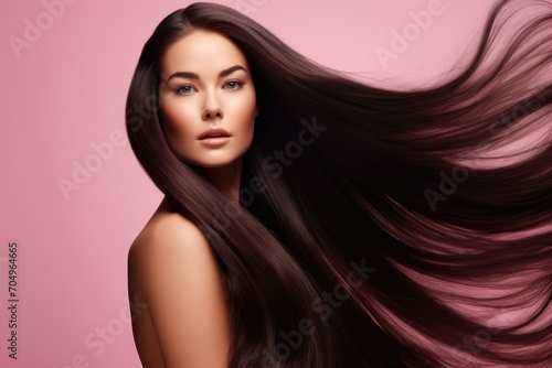Fashion woman with shiny and straight brown long hair on pink background. Keratin straightening. Treatment, care and spa procedures. Beauty products, hair shampoo or conditioner