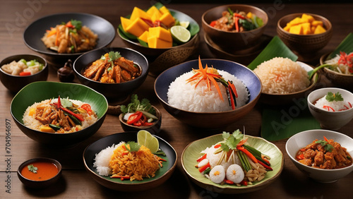 Rice Thai cuisine by arranging a tempting array of dishes on a wooden table  beautifully captured from the side from the spiciness of Tom Yum to the sweetness 