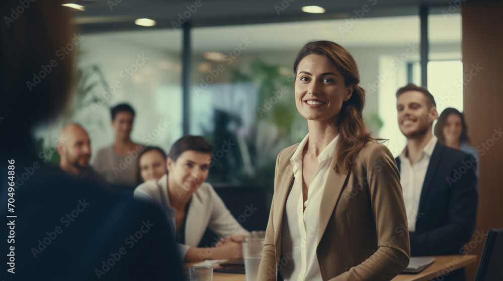 Obraz premium In a corporate meeting room, a young woman with a beaming smile shakes hands with a colleague, radiating positivity and teamwork. Collaboration and friendly interactions in business environments.