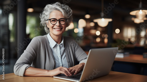 A mature grey-haired businesswoman in glasses smiles, working at a laptop, suggesting productivity and expertise in a modern workspace. Concept of professional efficiency and experienced multitasking