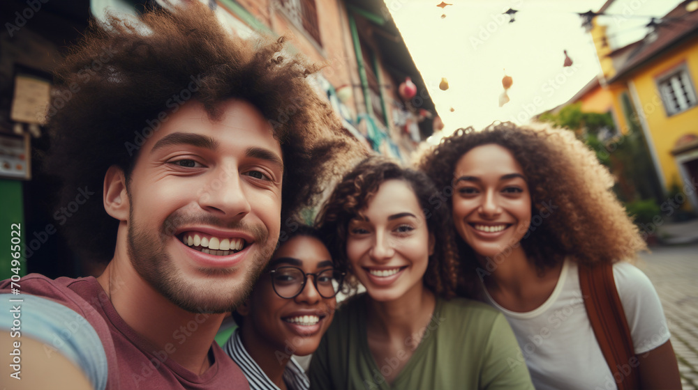 Fototapeta premium Selfie of group of happy people against a cityscape during golden hour, reflects the warmth and happiness of friendship. This shot captures the essence of shared experiences in an urban environment