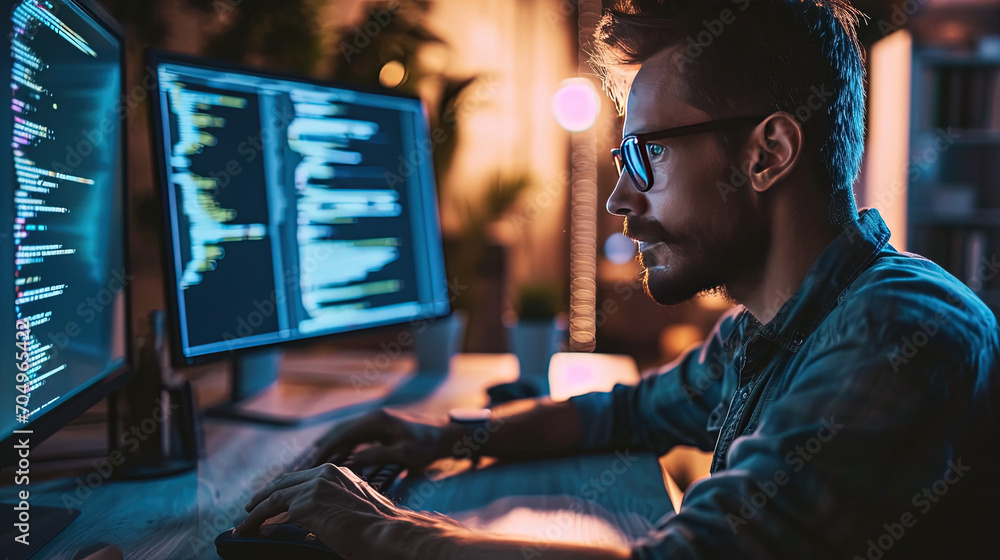 A middle-aged programmer with experience sits at a computer and does coding. A middle-aged programmer with experience sits at a computer and does coding.