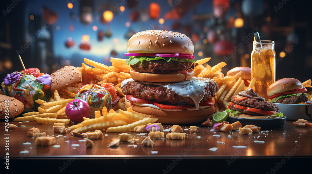 Fast Food Feast, mouthwatering fast food spread with a juicy burger taking center stage Fast Food Feast, mouthwatering fast food spread with a juicy burger taking center stage