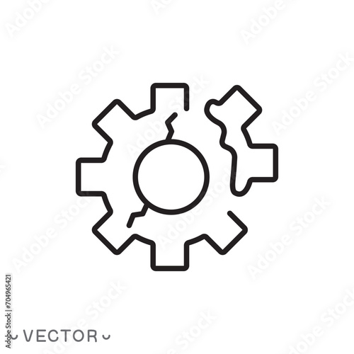 gear crack, broken gear, failed part icon, broken mechanism, thin line symbol isolated on white background, editable stroke eps 10 vector illustration