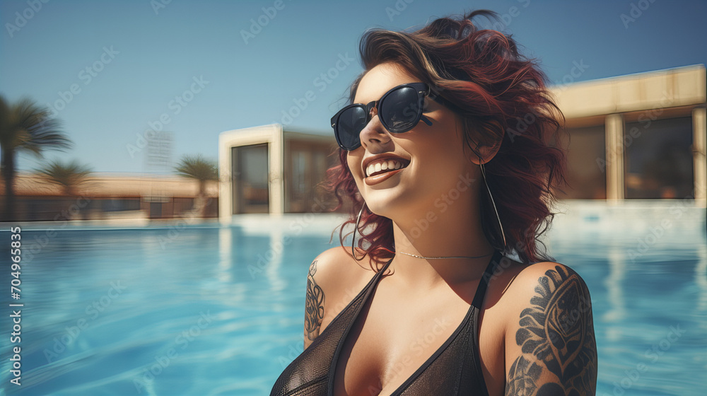 Summer Bliss by the Pool, Tattooed woman with red hair enjoys the summer vibes, sporting sunglasses by the pool, reflecting a carefree holiday mood. Summer Bliss by the Pool, Tattooed woman with red hair enjoys the summer vibes, sporting sunglasses by the pool, reflecting a carefree holiday mood.