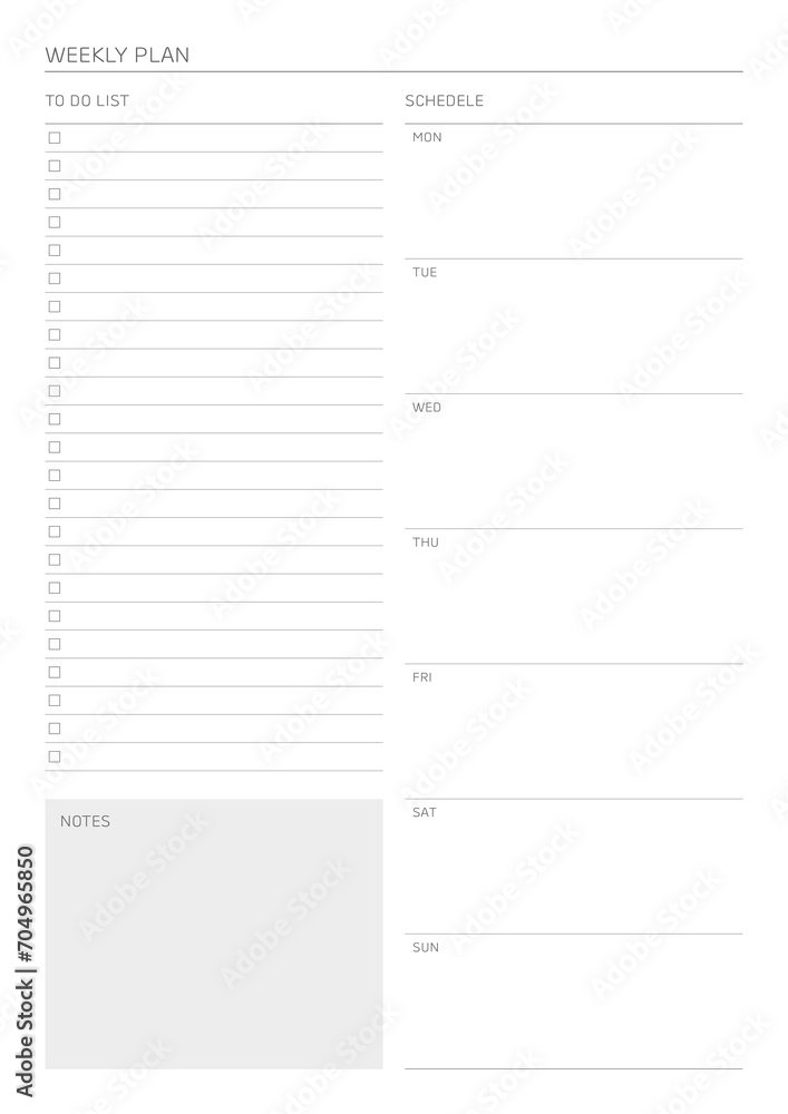 A weekly plan design template in a modern, simple, and minimalist style. Note, scheduler, diary, calendar, planner document template illustration. - obrazy, fototapety, plakaty 