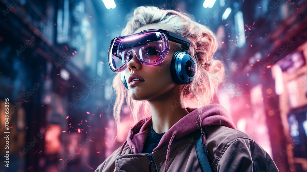 Woman wearing VR virtual reality glasses. Futuristic lifestyle. Metaverse technology concept. Copy space. Woman wearing VR virtual reality glasses. Futuristic lifestyle. Metaverse technology concept. Copy space.
