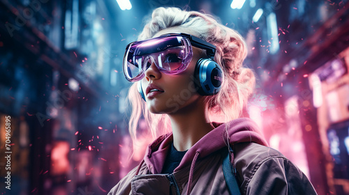 Woman wearing VR virtual reality glasses. Futuristic lifestyle. Metaverse technology concept. Copy space.